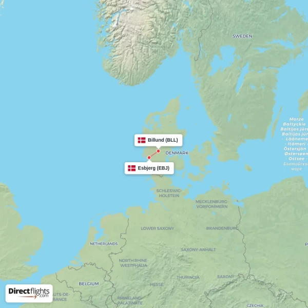 Billund - Esbjerg direct flight map