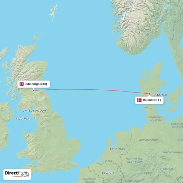 Billund - Edinburgh direct flight map