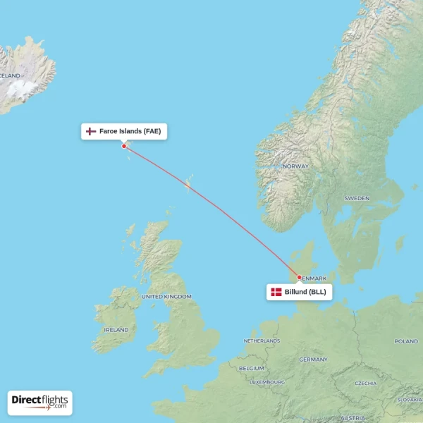 Billund - Faroe Islands direct flight map