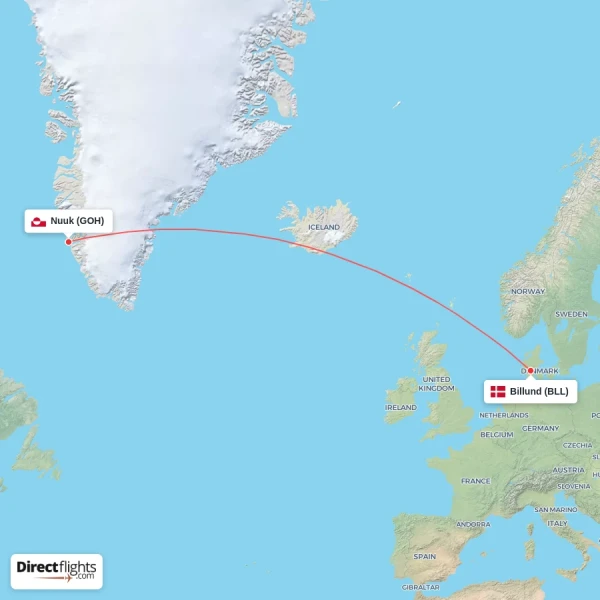 Billund - Nuuk direct flight map