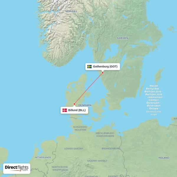 Billund - Gothenburg direct flight map