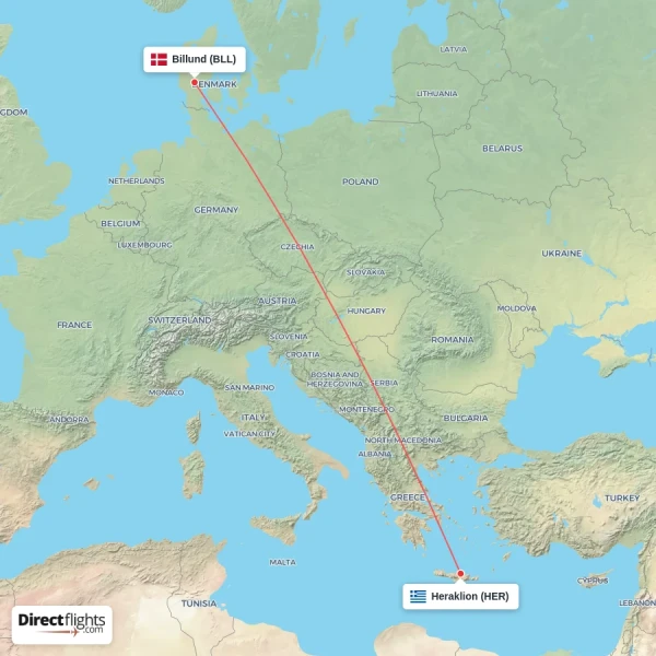 Billund - Heraklion direct flight map