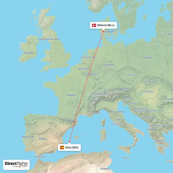 Billund - Ibiza direct flight map