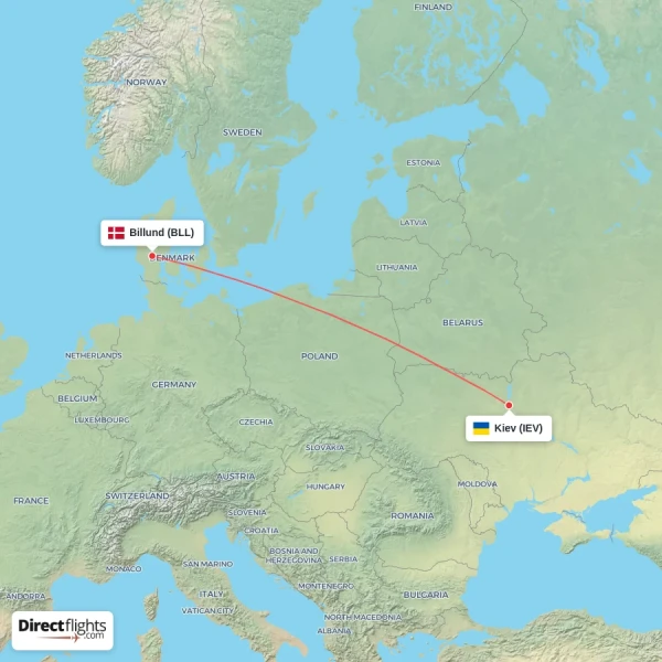 Billund - Kiev direct flight map