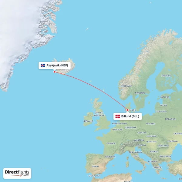 Billund - Reykjavik direct flight map