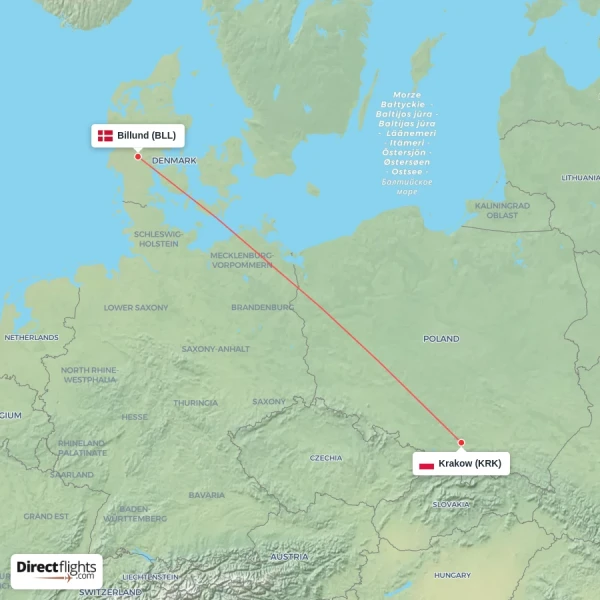 Billund - Krakow direct flight map