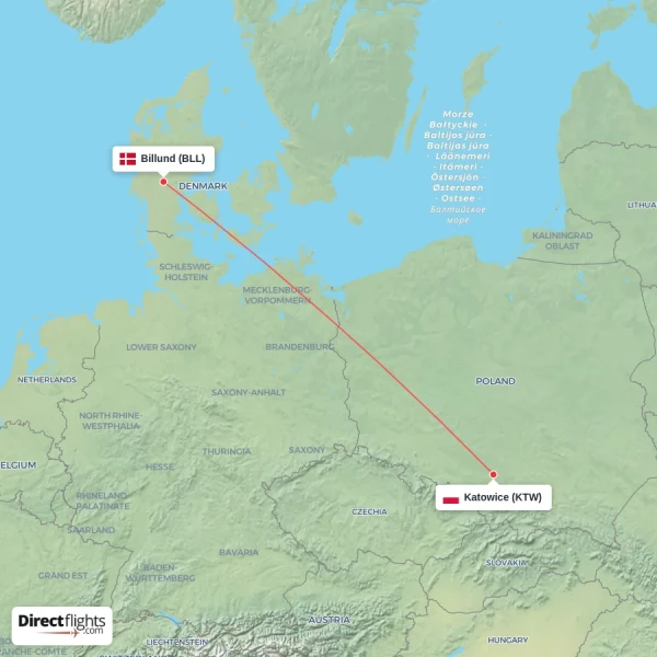 Billund - Katowice direct flight map