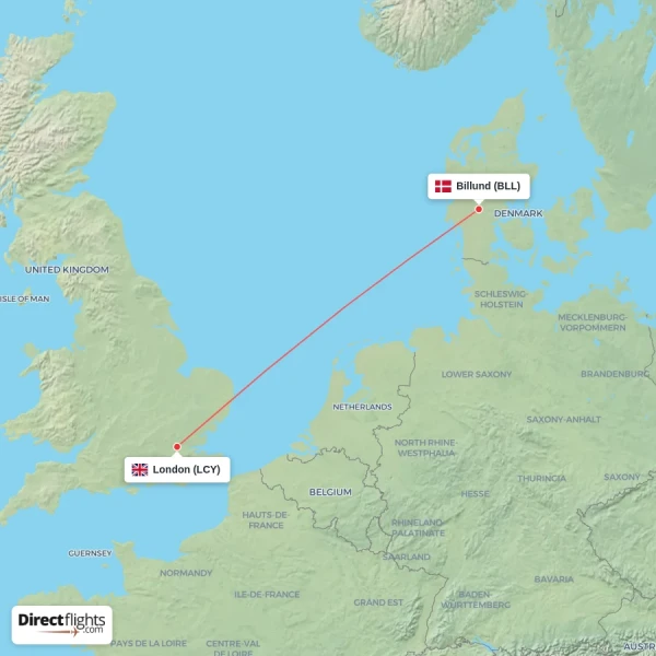 Billund - London direct flight map