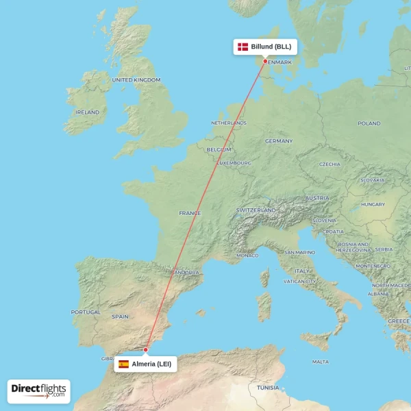 Billund - Almeria direct flight map