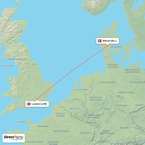 Billund - London direct flight map