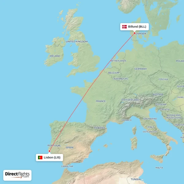 Billund - Lisbon direct flight map