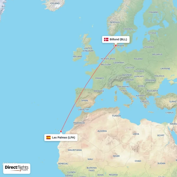 Billund - Las Palmas direct flight map