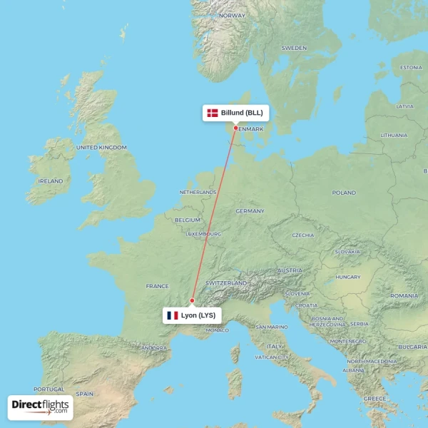 Billund - Lyon direct flight map