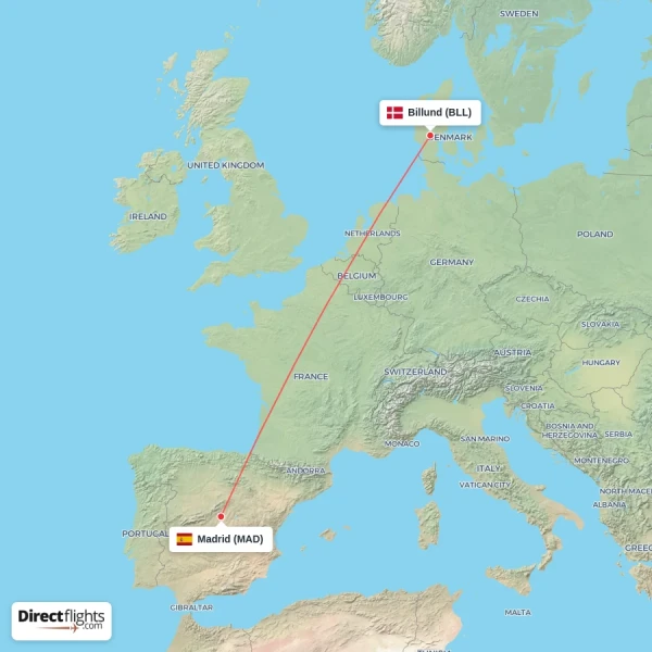 Billund - Madrid direct flight map