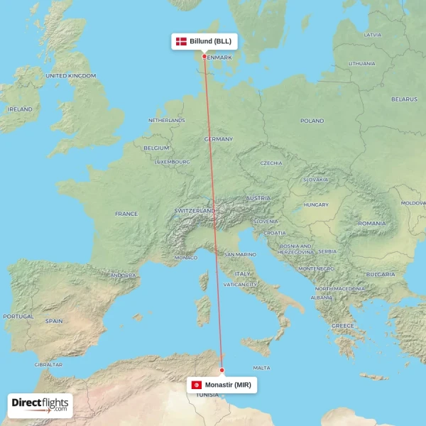 Billund - Monastir direct flight map
