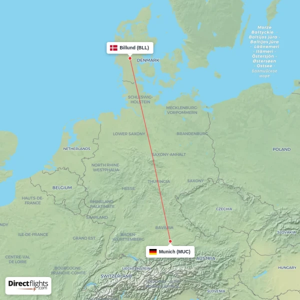 Billund - Munich direct flight map