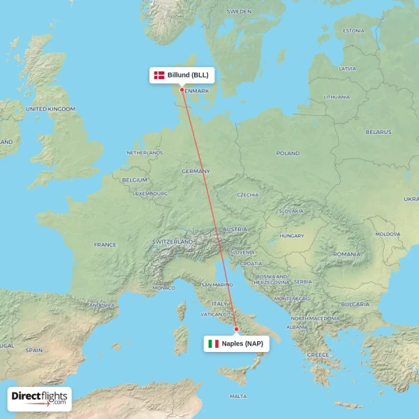 Billund - Naples direct flight map