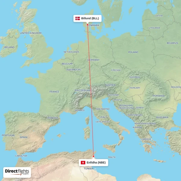 Billund - Enfidha direct flight map