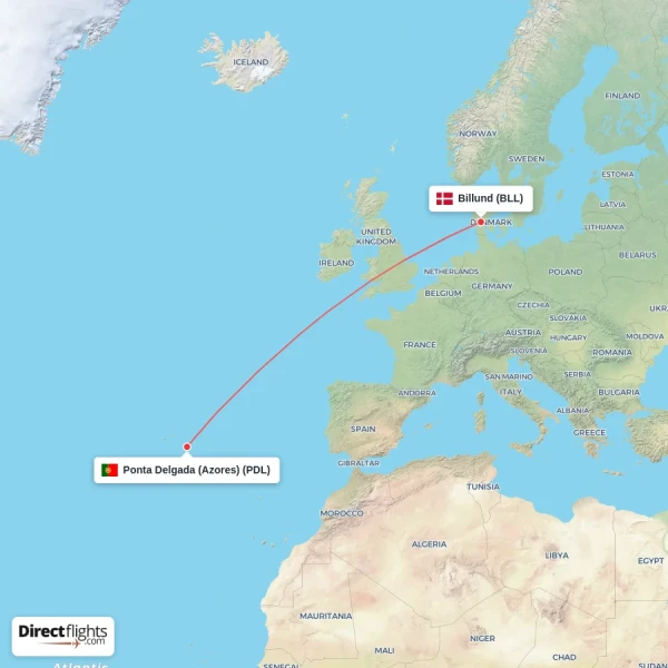 Billund - Ponta Delgada (Azores) direct flight map