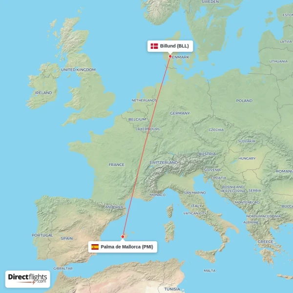 Billund - Palma de Mallorca direct flight map