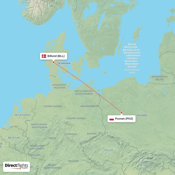 Billund - Poznan direct flight map