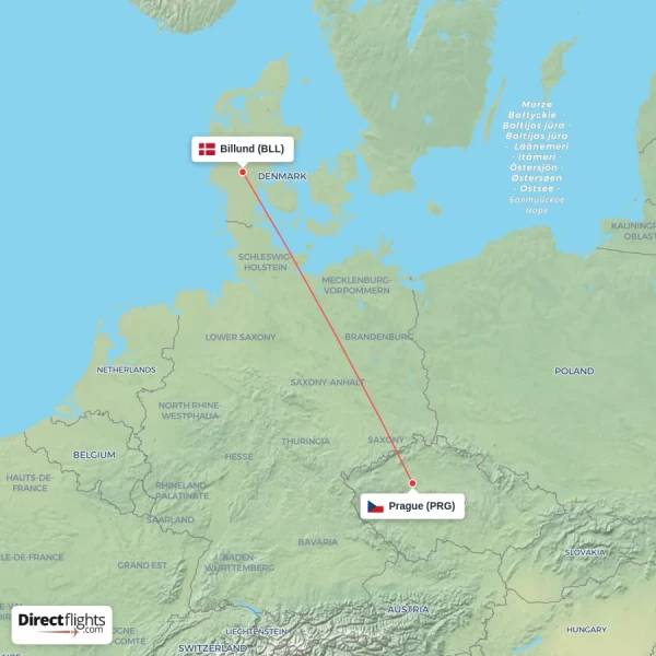 Billund - Prague direct flight map