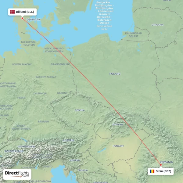 Billund - Sibiu direct flight map