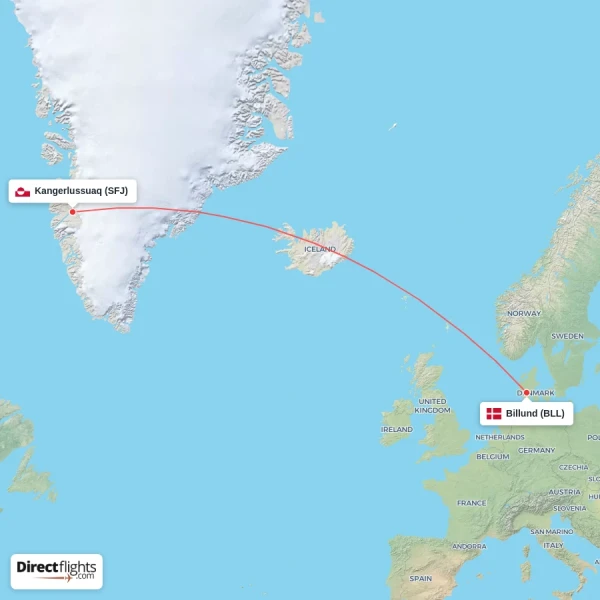 Billund - Kangerlussuaq direct flight map