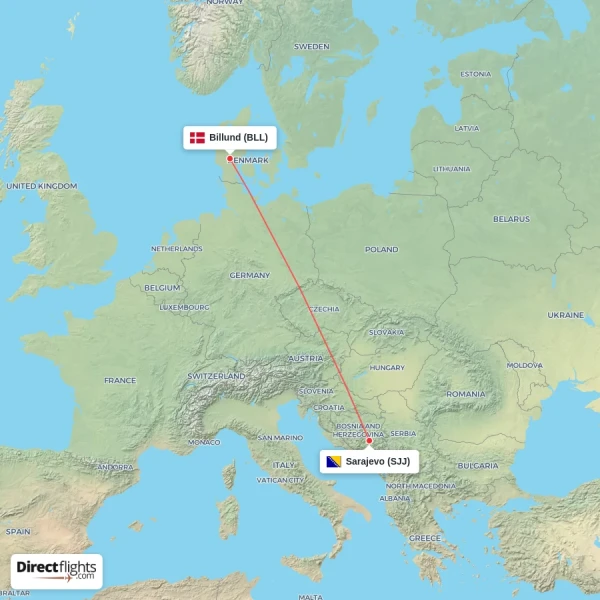 Billund - Sarajevo direct flight map