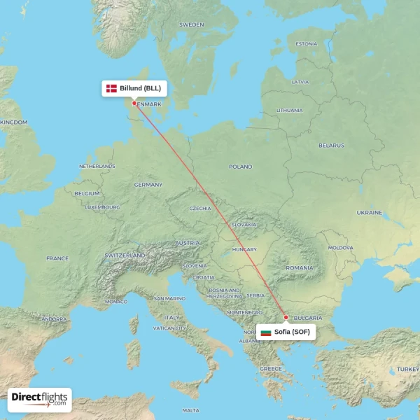 Billund - Sofia direct flight map