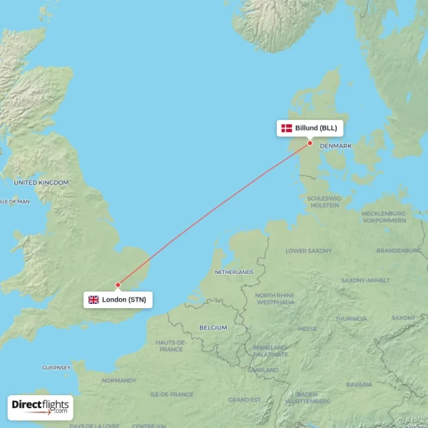 Billund - London direct flight map