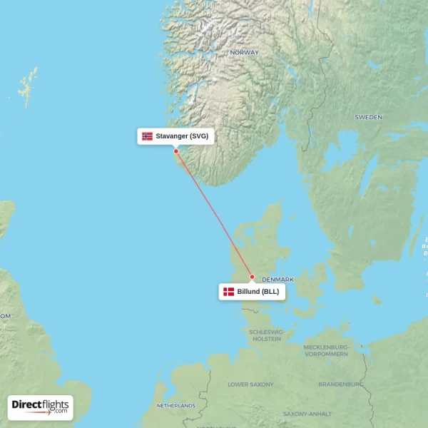 Billund - Stavanger direct flight map
