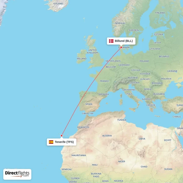 Billund - Tenerife direct flight map