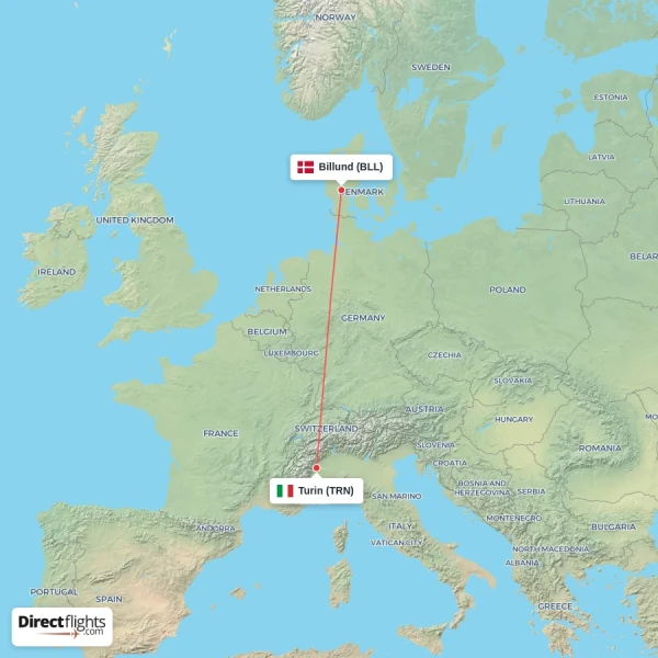 Billund - Turin direct flight map