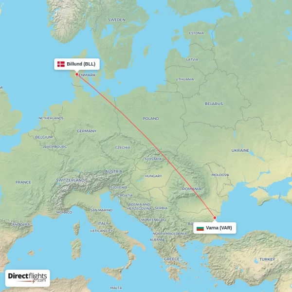 Billund - Varna direct flight map