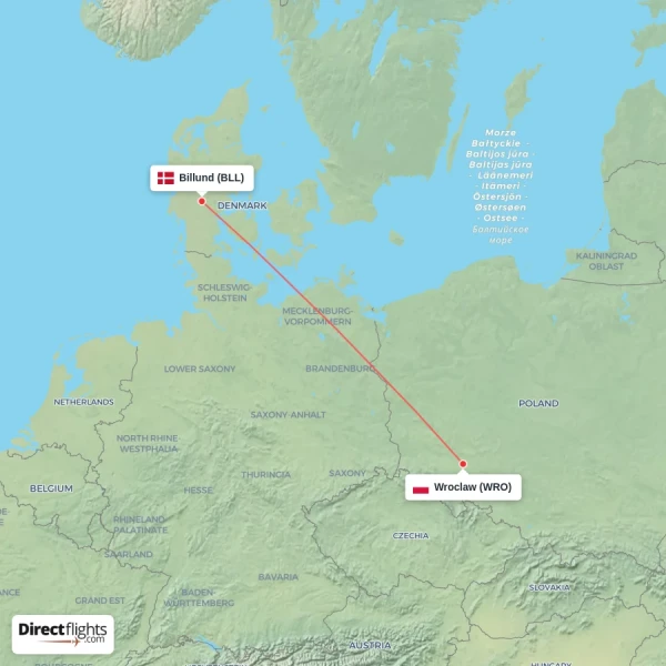 Billund - Wroclaw direct flight map