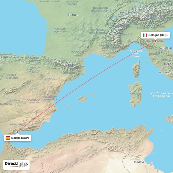 Bologna - Malaga direct flight map