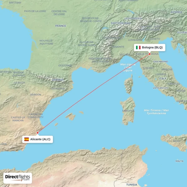 Bologna - Alicante direct flight map