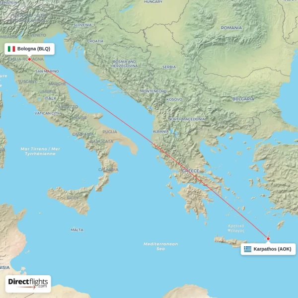 Bologna - Karpathos direct flight map