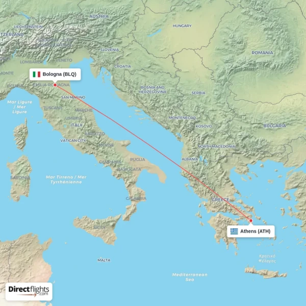 Bologna - Athens direct flight map