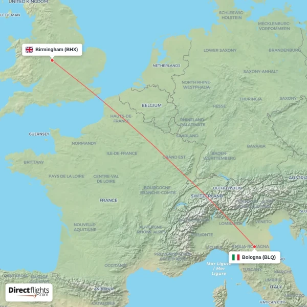 Bologna - Birmingham direct flight map