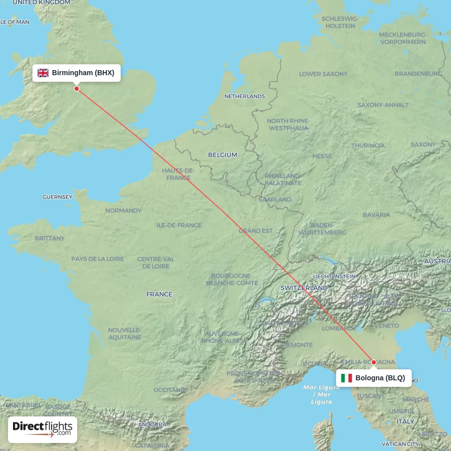 BLQ - BHX route map