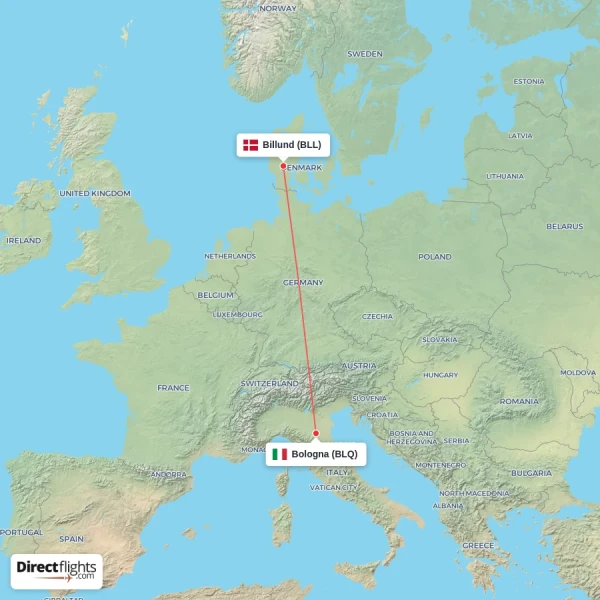 Bologna - Billund direct flight map