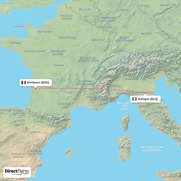 Bologna - Bordeaux direct flight map