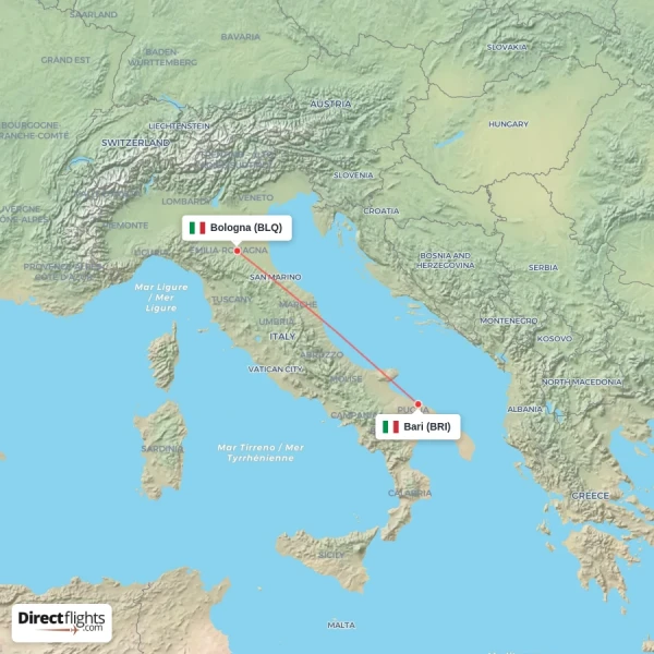 Bologna - Bari direct flight map