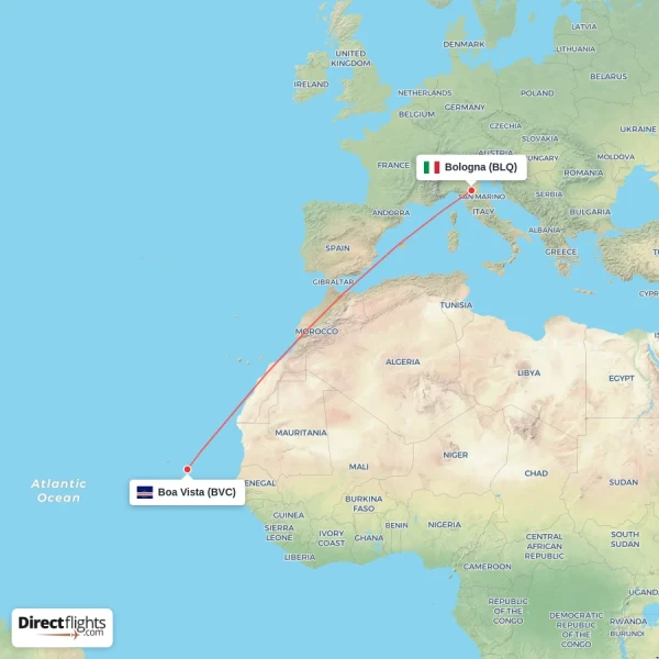Bologna - Boa Vista direct flight map