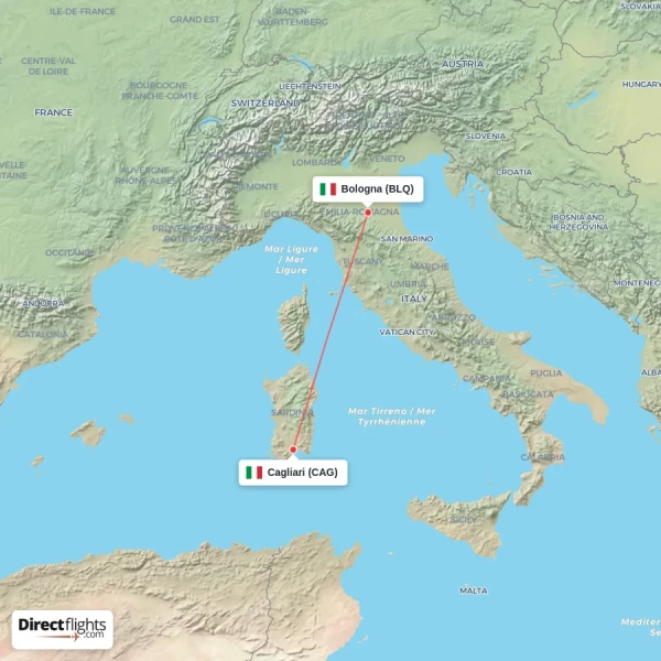 Bologna - Cagliari direct flight map