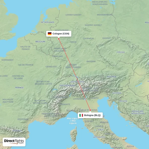 Bologna - Cologne direct flight map