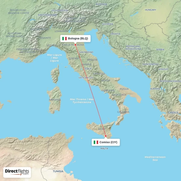 Bologna - Comiso direct flight map