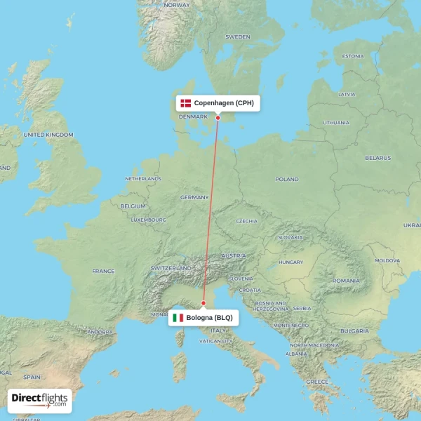 Bologna - Copenhagen direct flight map
